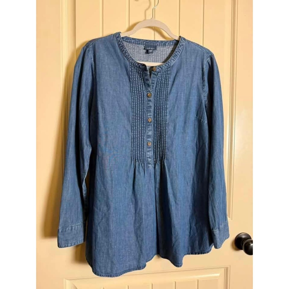 J. Jill Womens Medium Blue Denim‎ Pintuck Pleated Bib Long Sleeve Tunic Blouse
